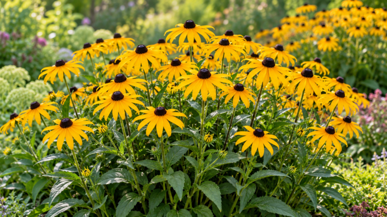 Golden black-eyed Susan flowers with dark brown centers blooming in a perennial garden bed.