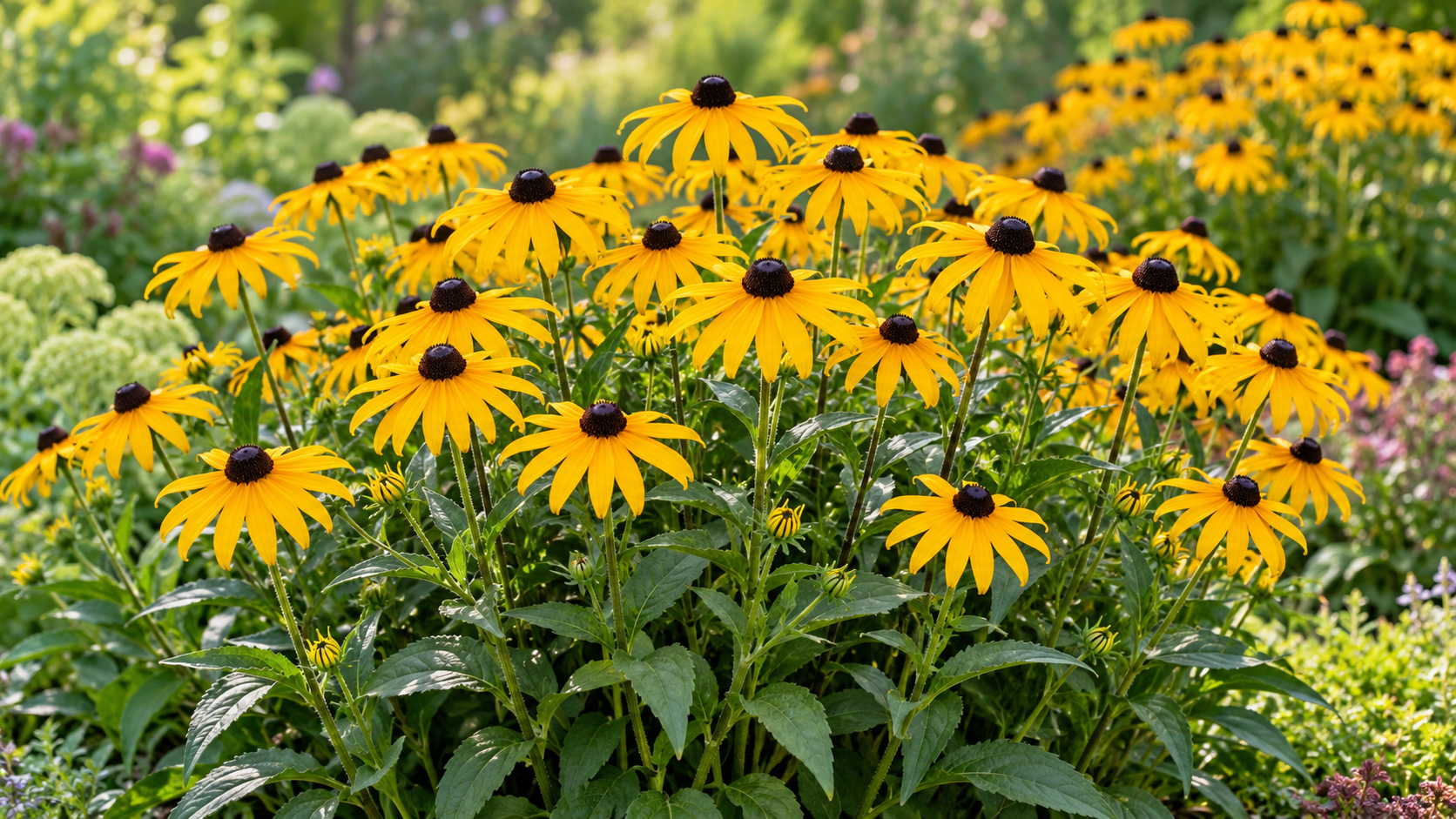 Golden black-eyed Susan flowers with dark brown centers blooming in a perennial garden bed.