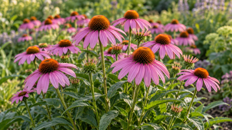 Pink-purple coneflowers with orange-brown centers blooming in a sunny perennial garden bed.