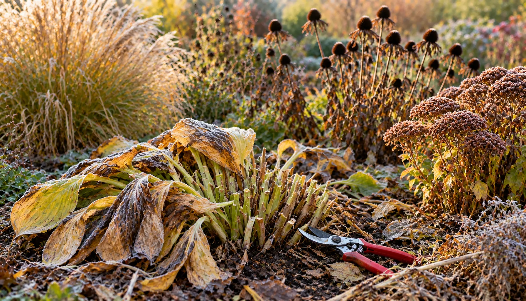 Frost-damaged perennials after fall cutting, with seed heads and ornamental grasses left standing.