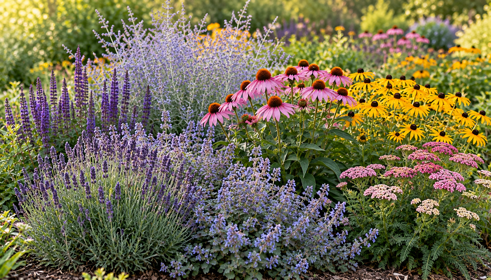 Lavender, coneflowers, yarrow, sedum and other deer-resistant perennials blooming in a sunny garden bed.