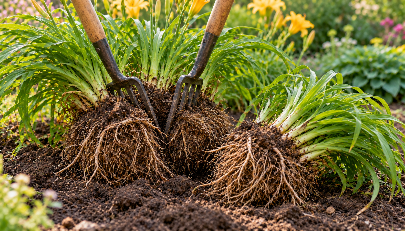 Two garden forks dividing an established perennial clump with exposed roots in a garden bed.