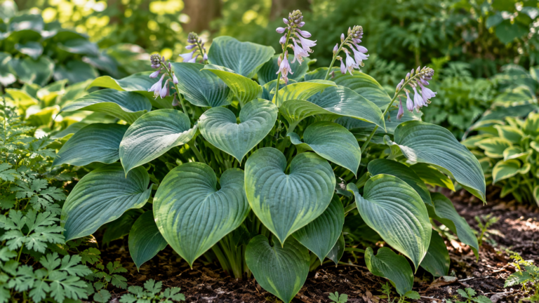 Blue-green hosta leaves with pale lavender flower spikes growing in a shaded garden bed.