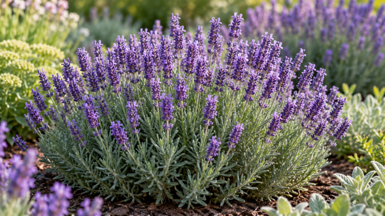 Purple lavender flower spikes blooming above silvery-green foliage in a sunny garden bed.
