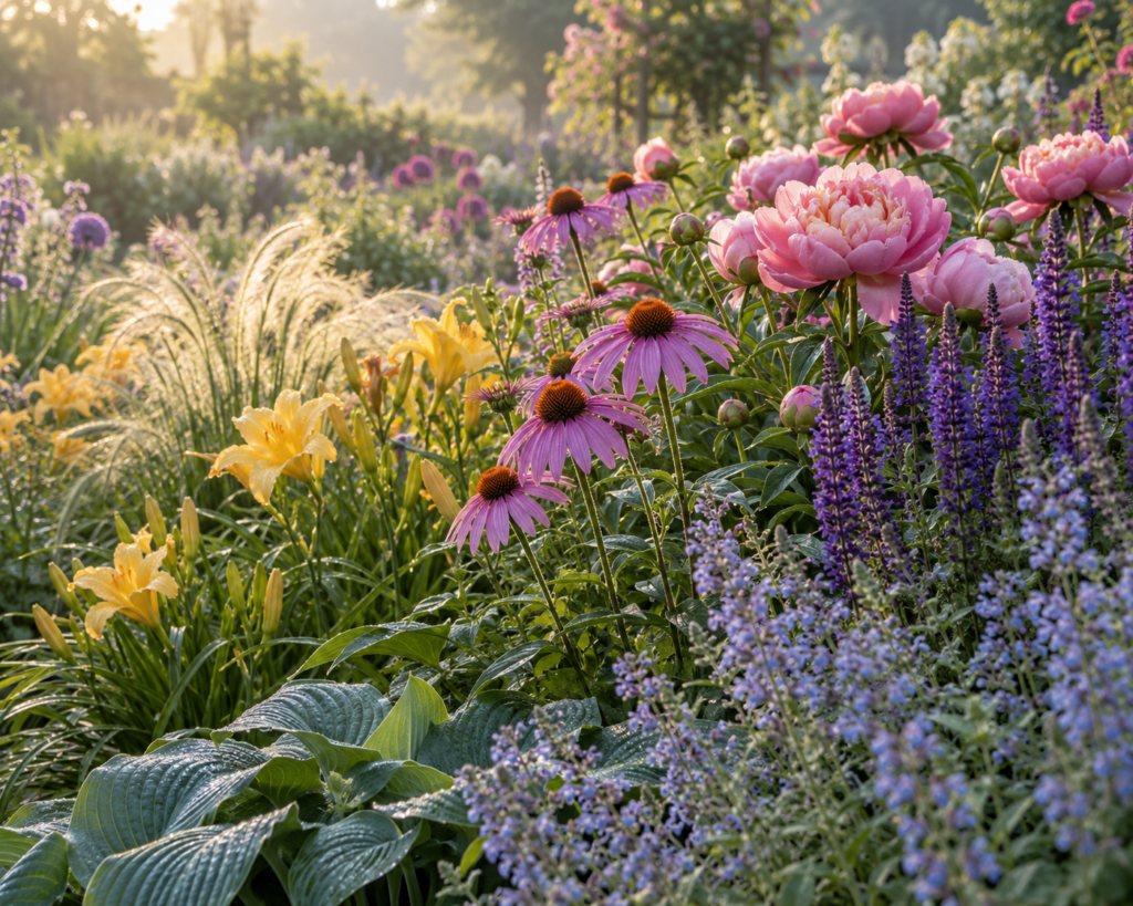 Lush perennial garden border with pink peonies, purple coneflowers, violet salvia, blue catmint, golden daylilies, ornamental grasses, and hostas in soft morning light.