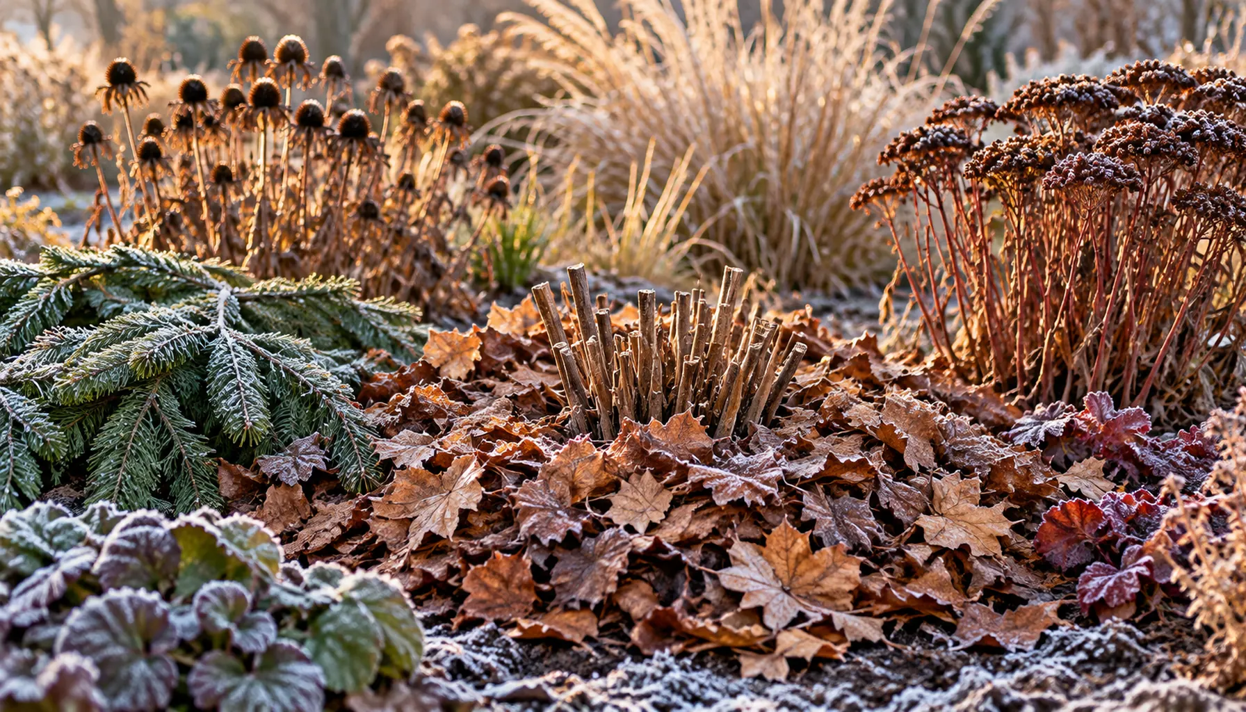Frosted perennial bed protected with shredded leaves and evergreen boughs for winter.
