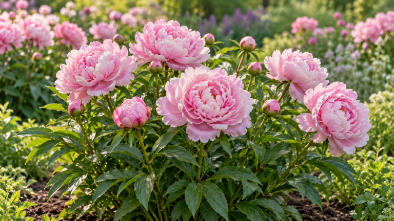 Pink peony blooms and buds growing on a leafy clump in a perennial garden bed.