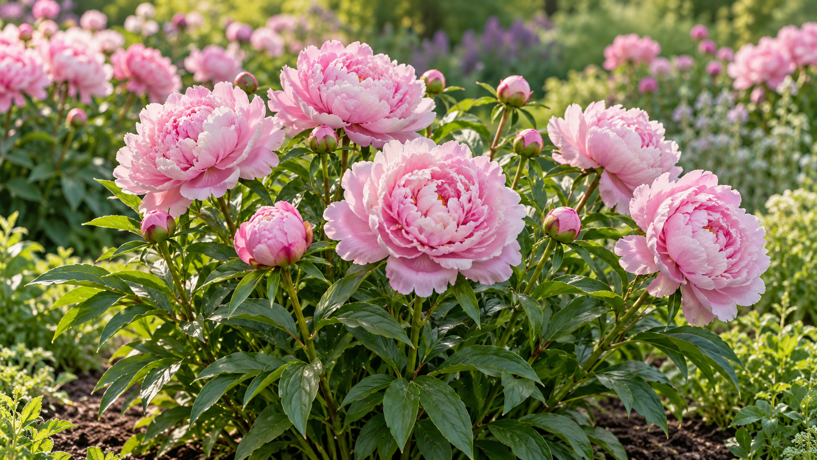 Pink peony blooms and buds growing on a leafy clump in a perennial garden bed.