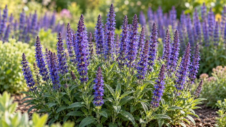 Purple salvia flower spikes blooming in a sunny perennial garden bed.