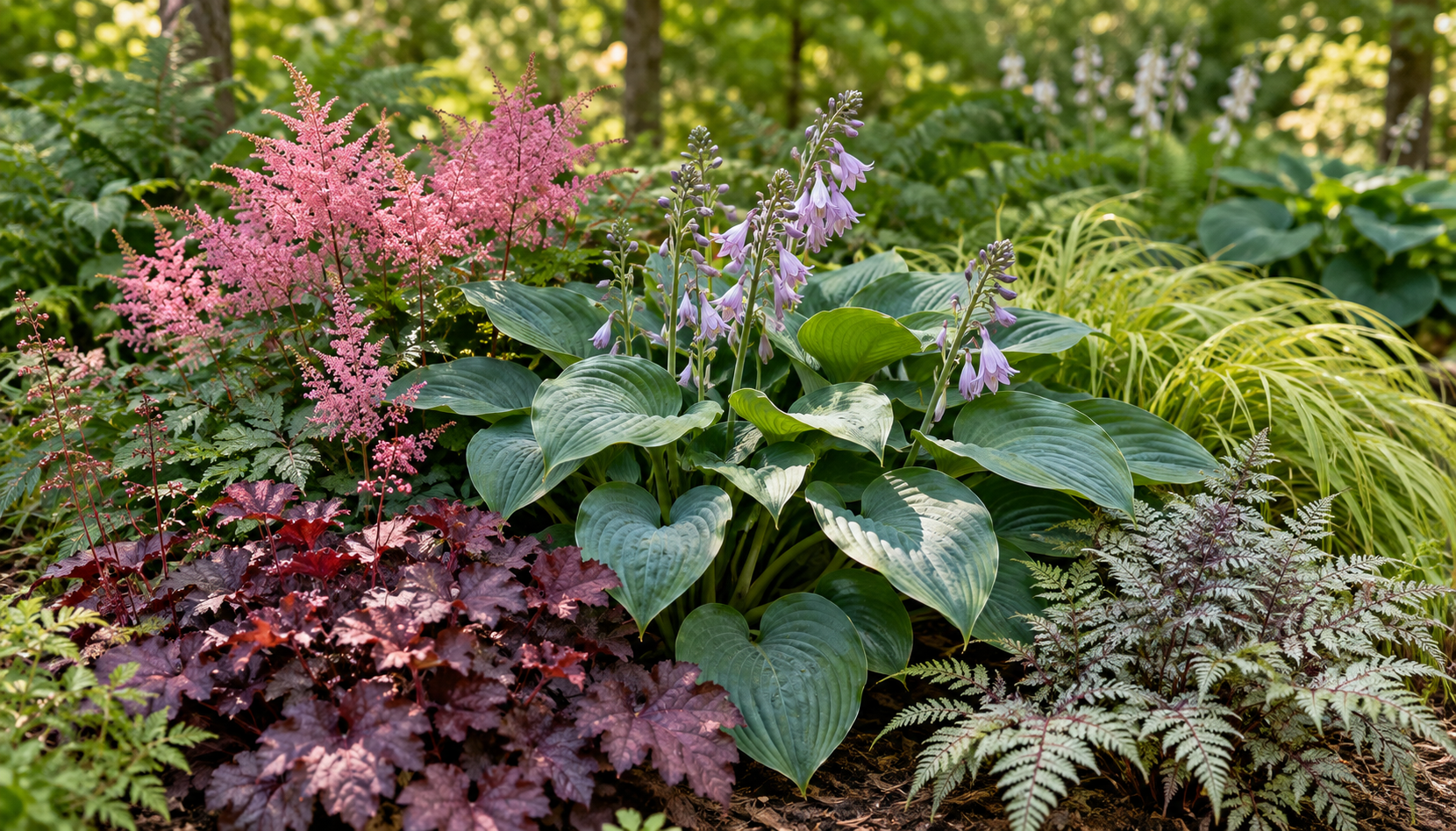 Hostas, astilbe, coral bells, ferns and forest grass growing together in a shaded garden bed.